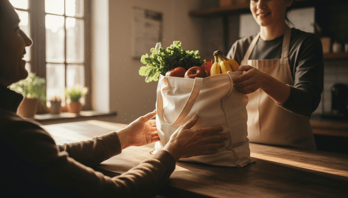 Person receiving groceries at a community food pantry
