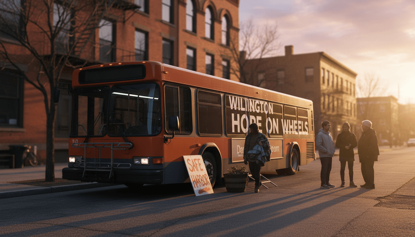 Mobile shelter bus operated by FLOW-FALLING LOVE ONES WINGS providing safe refuge in Wilmington