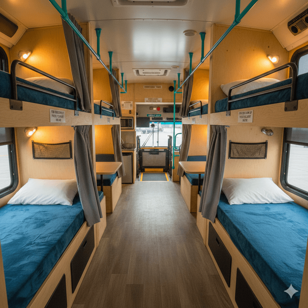 Bus interior with bunk beds, tables, and wheelchair lift, converted into a mobile shelter.