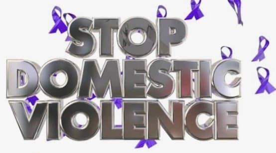 Metallic 3D text "STOP DOMESTIC VIOLENCE" with scattered purple awareness ribbons.
