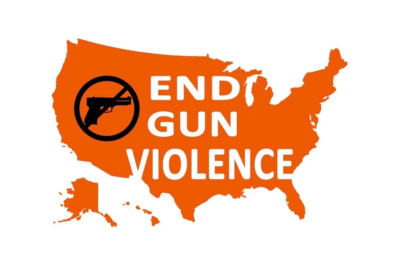 Orange US map with "END GUN VIOLENCE" text and a black circle with a crossed-out pistol.