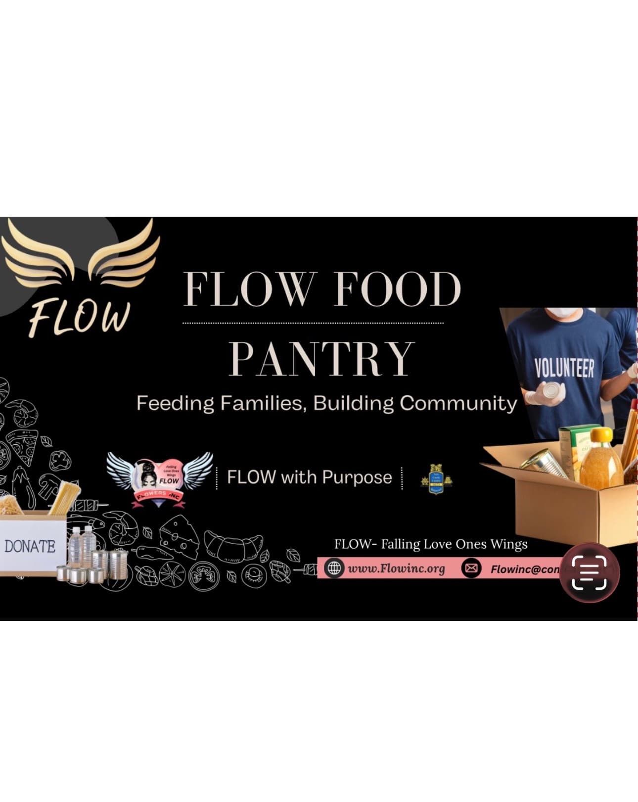 FLOW Food Pantry banner showing donations, volunteer, and mission "Feeding Families, Building Community."
